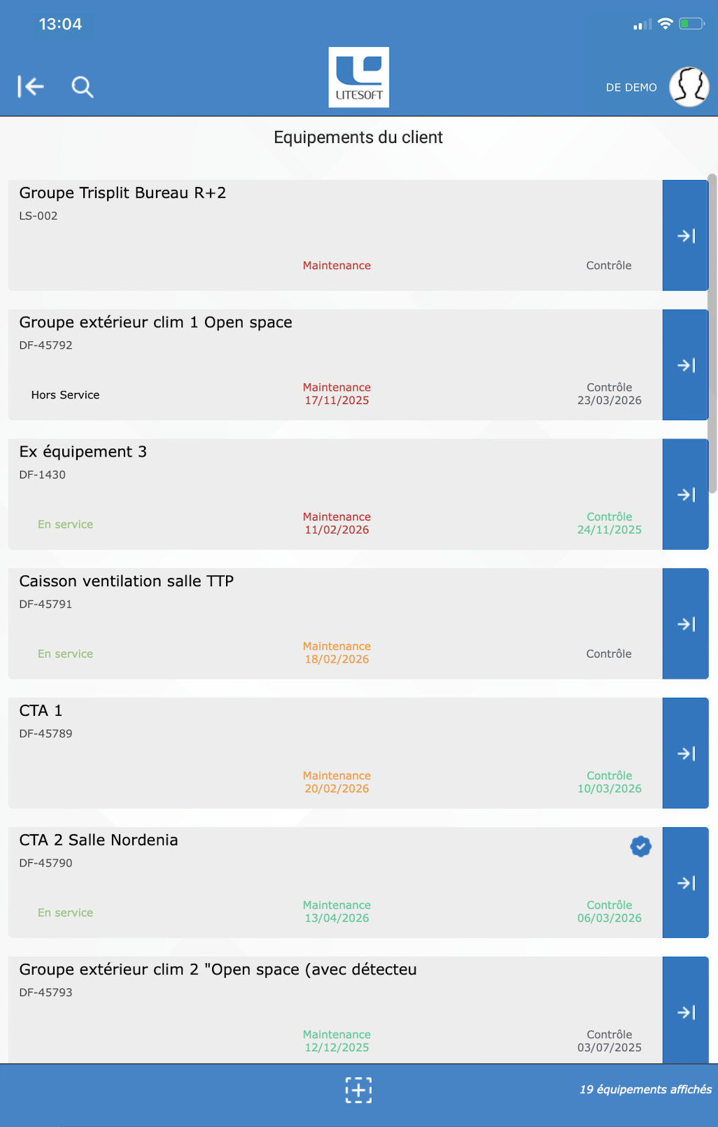 Liste des équipements du client dans l'application Looty