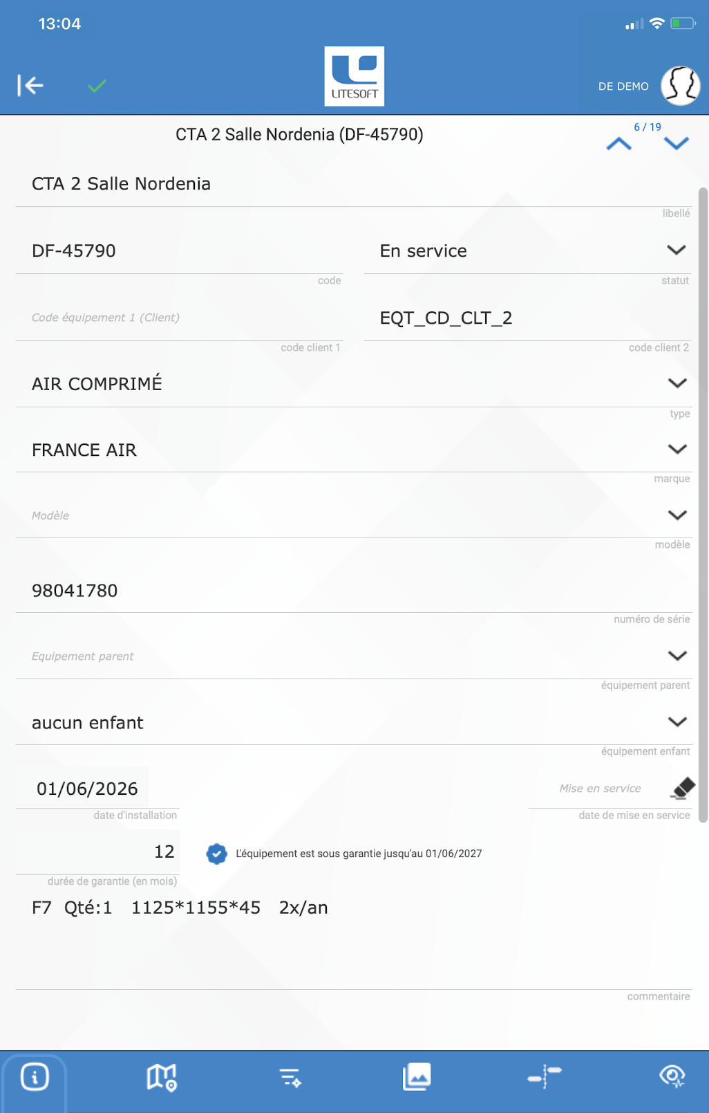 Fiche équipement dans l'application Looty
