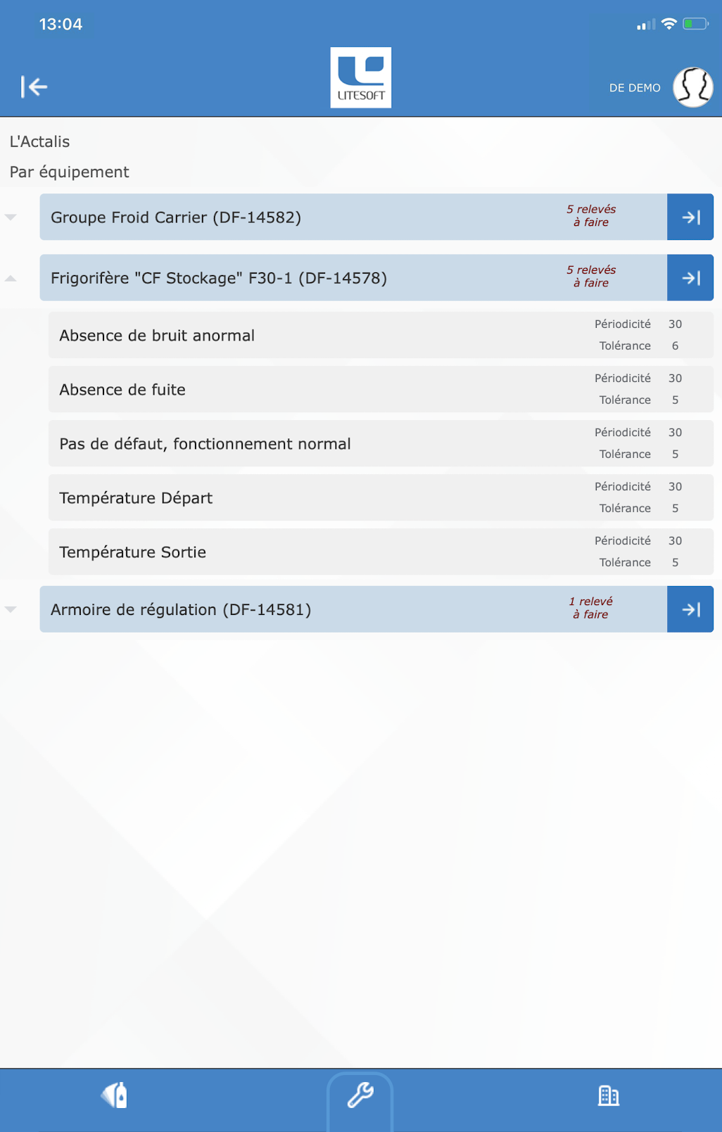Relevés attendus par équipement dans l'application Looty
